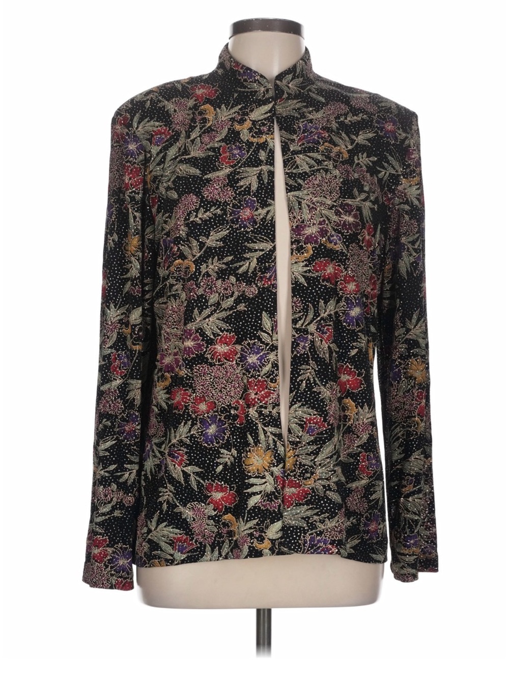 Alex Evenings Metallic Floral Open Front Cardigan Shoulder Pads L